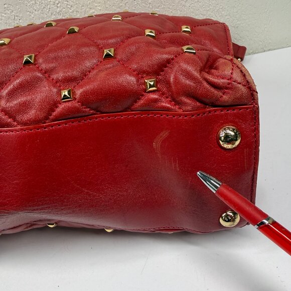 Michael Kors Hamilton Large Studded North South Tote Red Leather Gold Hardware - Picture 9 of 13